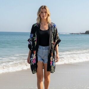 Kona‎ Sol Black Floral Tropical Kimono Swim Cover Up Bird of Paradise S/M
